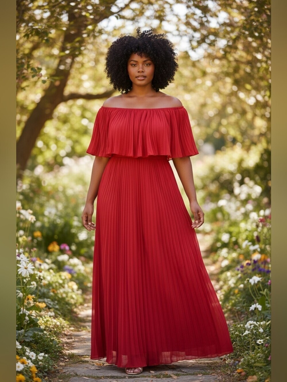 Premier Red Off-Shoulder Pleated Maxi Dress